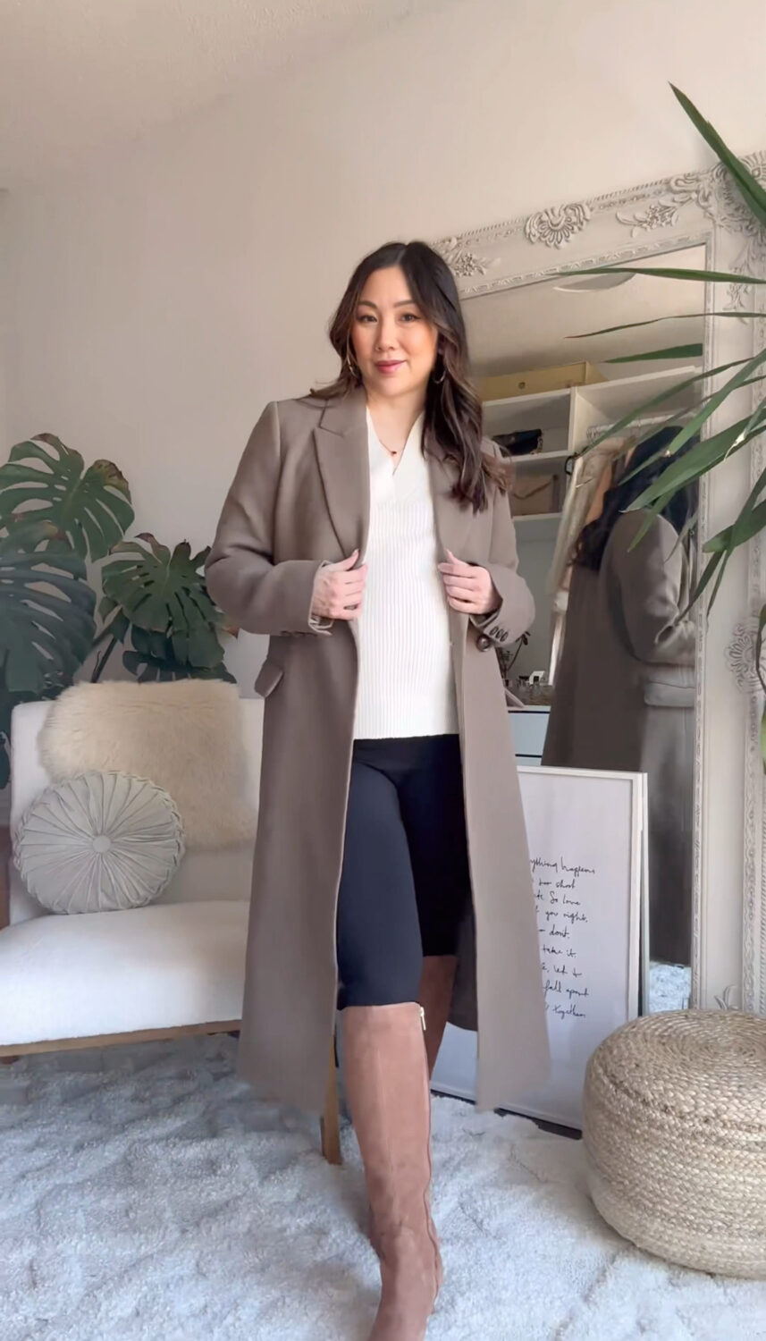 Maternity outfit with vneck sweater, black jumpsuit and longline coat from Thyme Maternity  RWCO