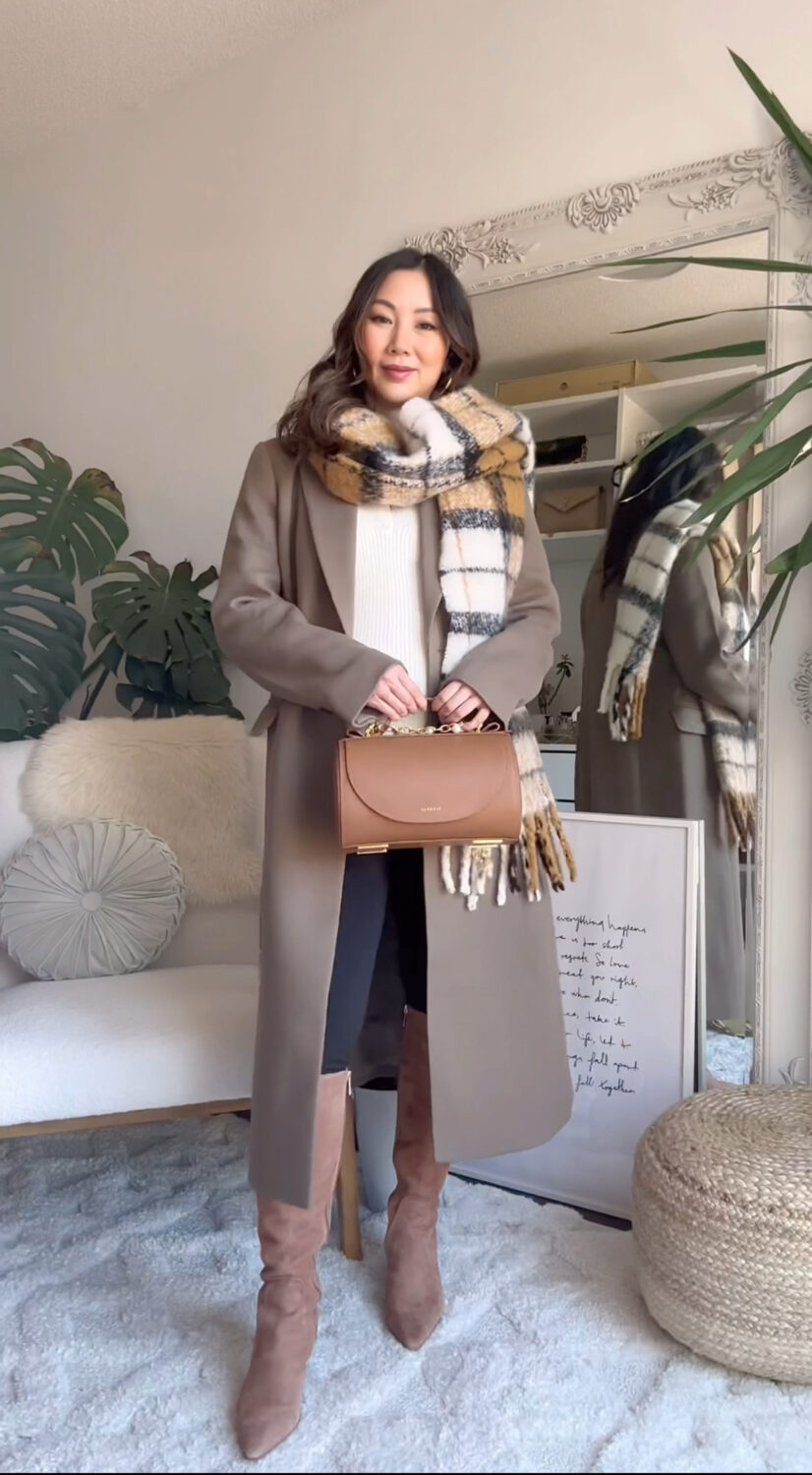 Pregnancy Outfit ideas with oversized coat and scarf for winter and spring from Thyme Maternity  RWCO