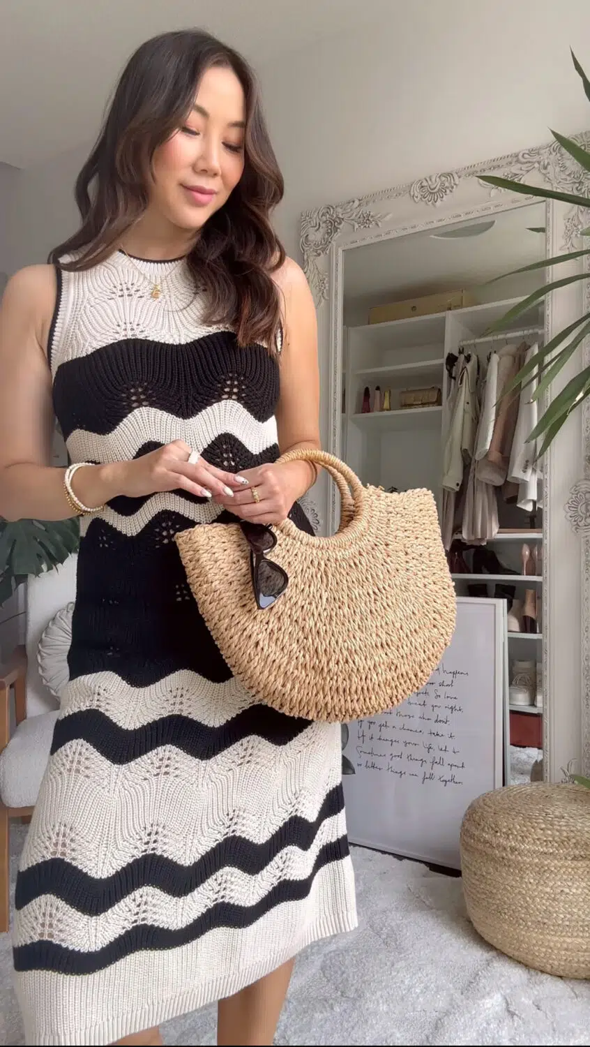 Effortlessly elegant in a fully-lined crochet midi dress, styled with a straw bag for the ultimate summer look.