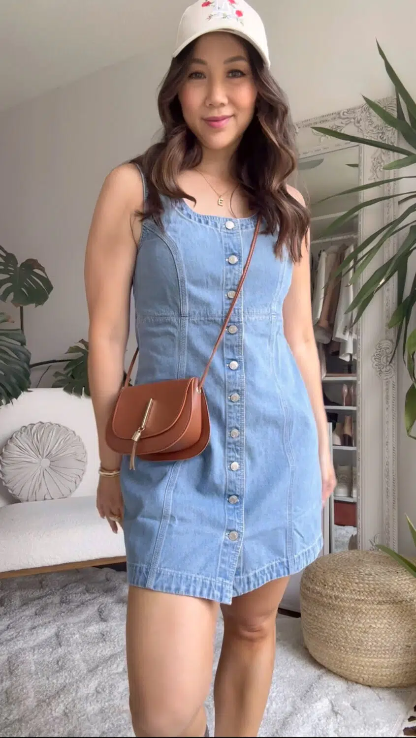 Cute summer dresses - denim mini dress with baseball cap and cross body bag. 