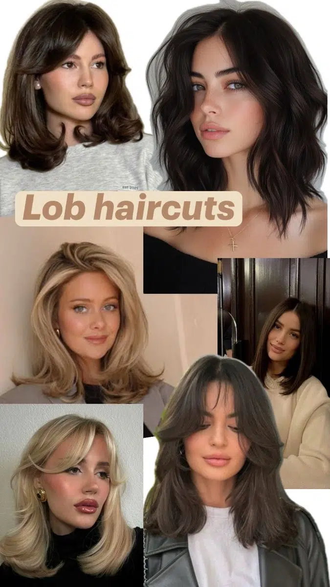 Hair cut inspo for medium length hairstyle lob and bob with layers, blunt cut, bangs and more.