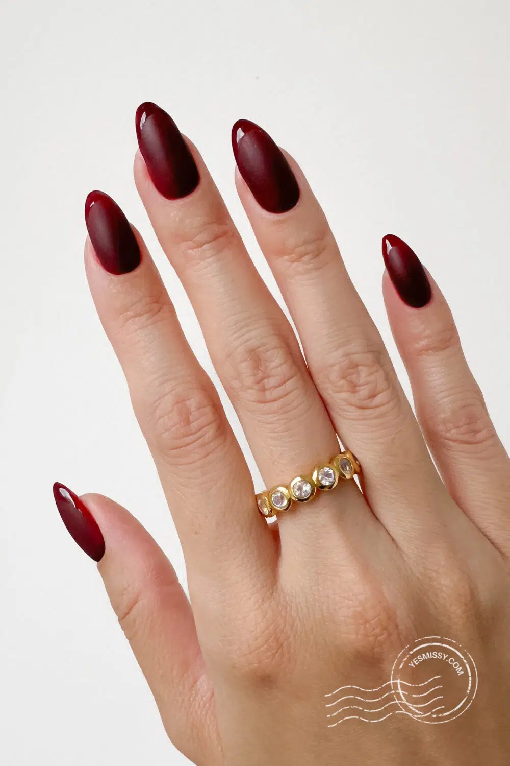 Quiet luxury, old money nail inspo. Burgundy nails with matt polish and french tips