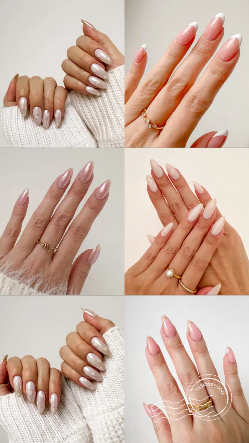 Netural nail inspo with white, chrome, hearts, french, classy nails, clean girl nails. 