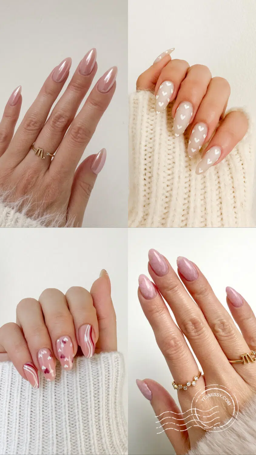 Soft girl nail inspo for Valentine's Day Nail with neutral tones, chrome, hearts, and pink and more.. Save for inspo