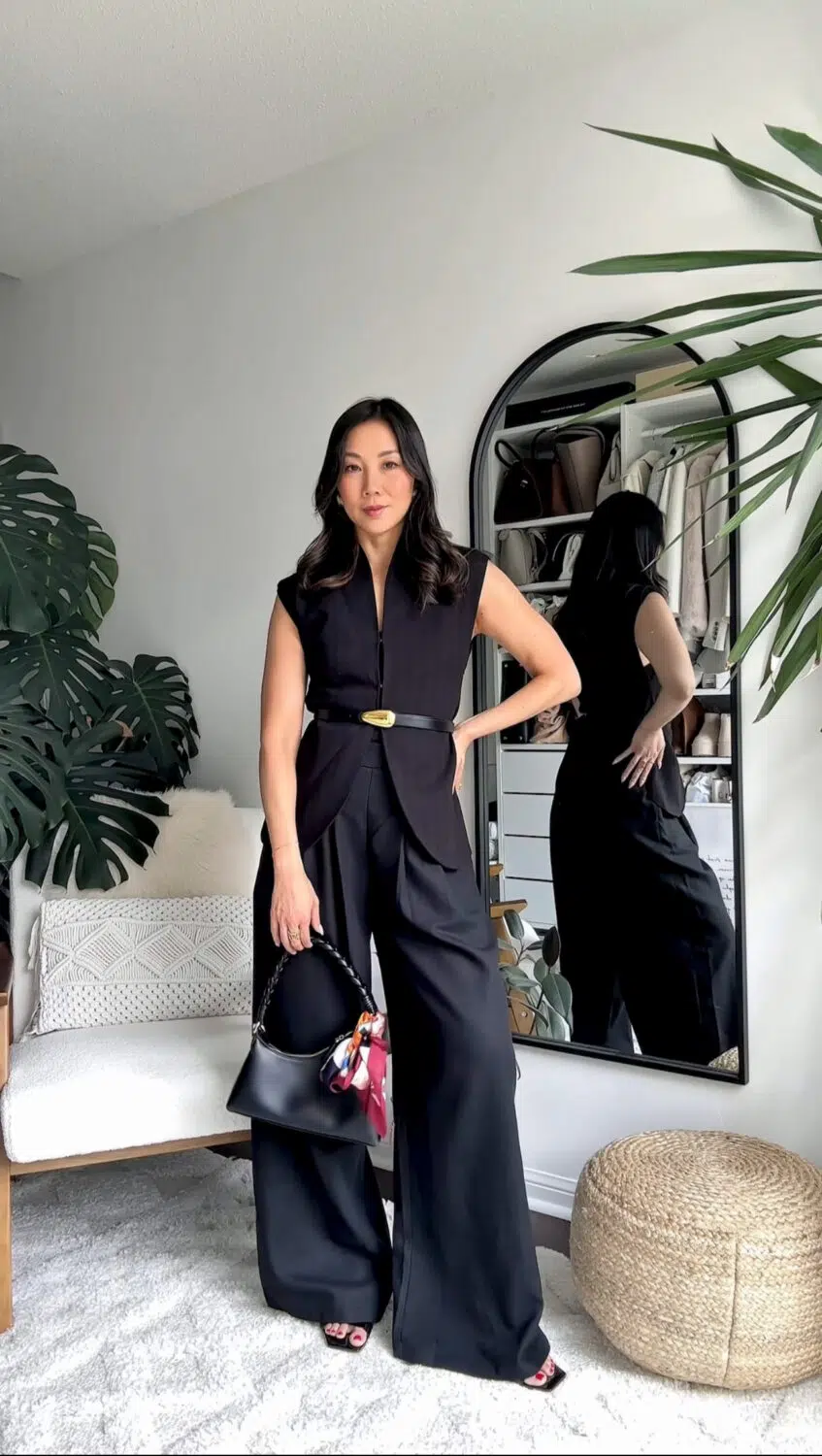 Chic workwear look with black vest and wide leg trousers - Fall Capsule Wardrobe from Commense