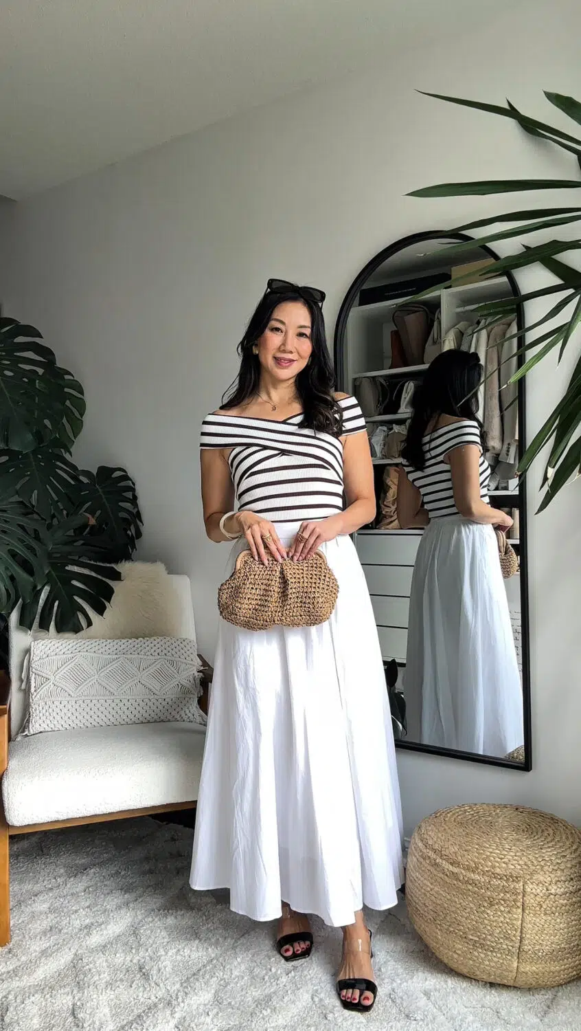 casual weekend look - with capsule wardrobe basics white skirt and striped top styled by YESMISSY