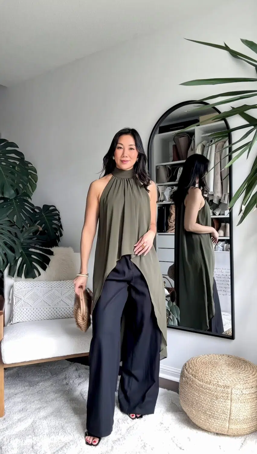 Dinner date look with sheer tank top and wide leg pants. YESMISSY x COMMENSE