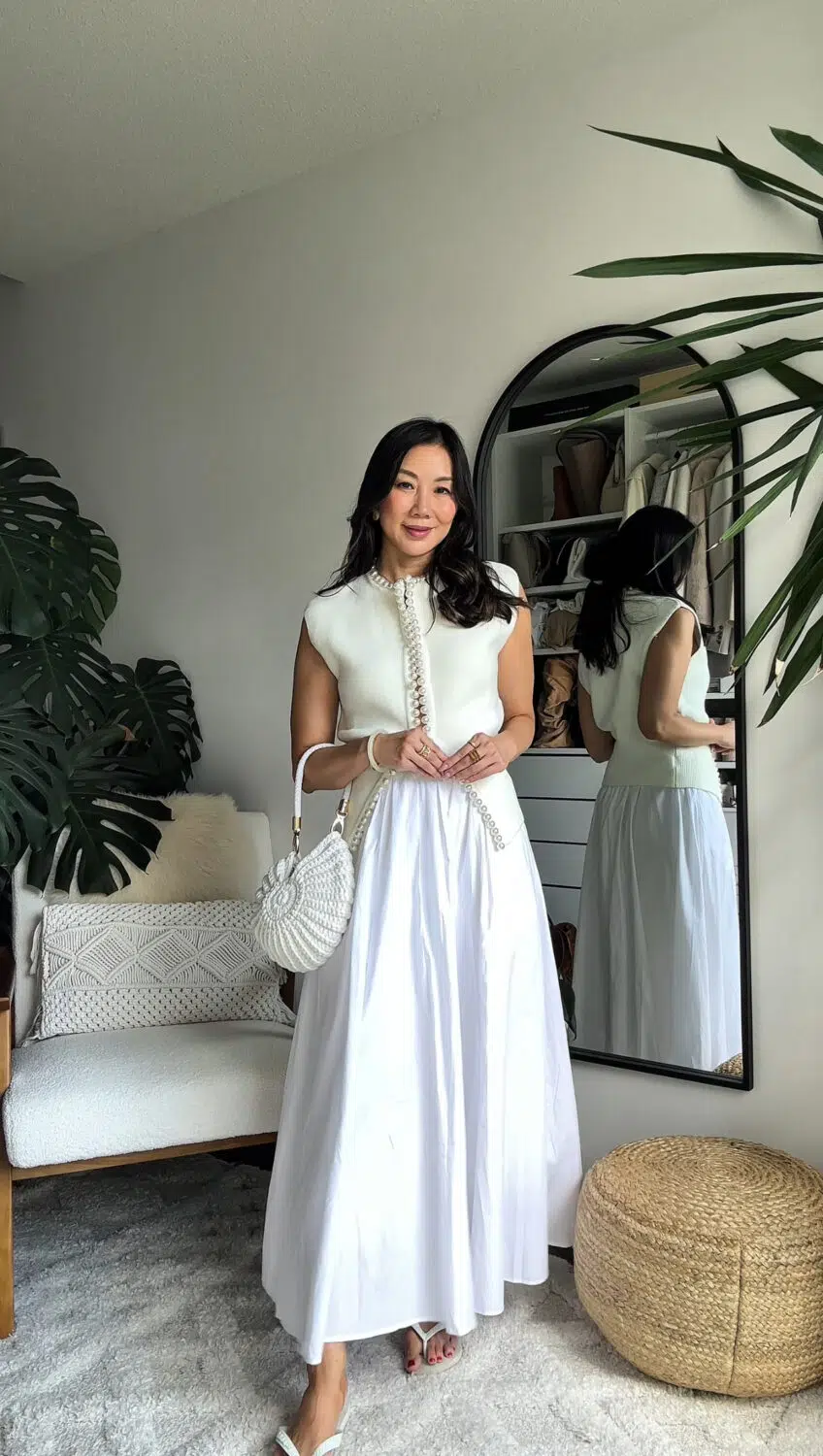Elegant monochrome white look with knit beaded cardigan and full maxi skirt with crochet bag styled by YESMISSY