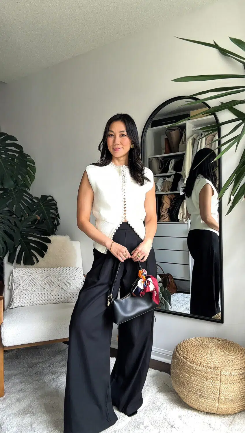 classy workwear look with knit cardigan and wide leg pants