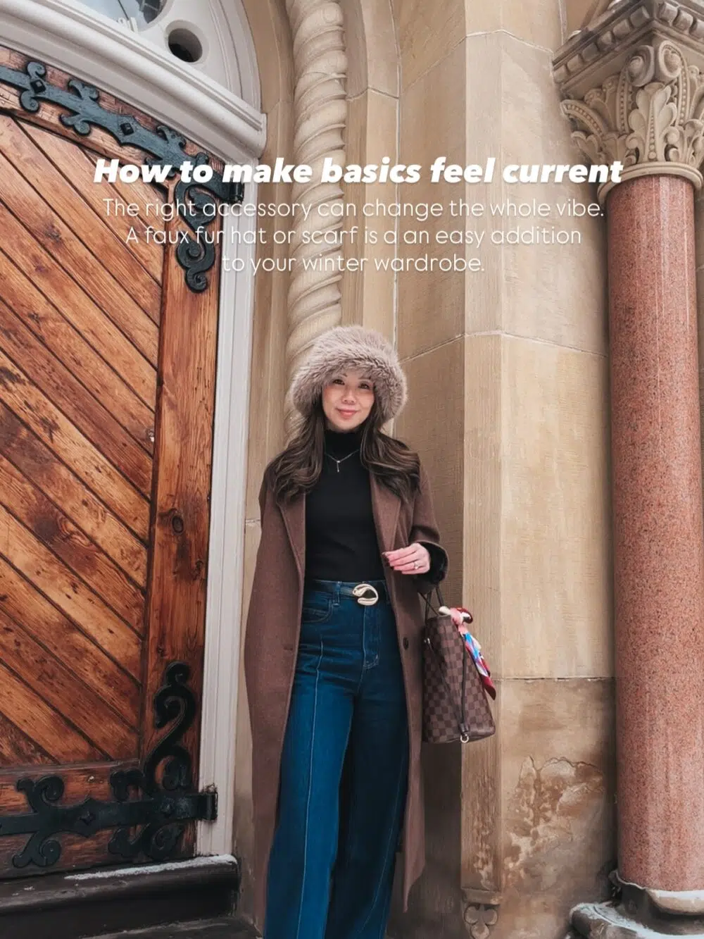 Best Luxury Handbag styling a casual winter outfit with jeans, a neutral jacket, tall boots, and a faux fur hat as a statement accessory to upgrade a classic city winter look.