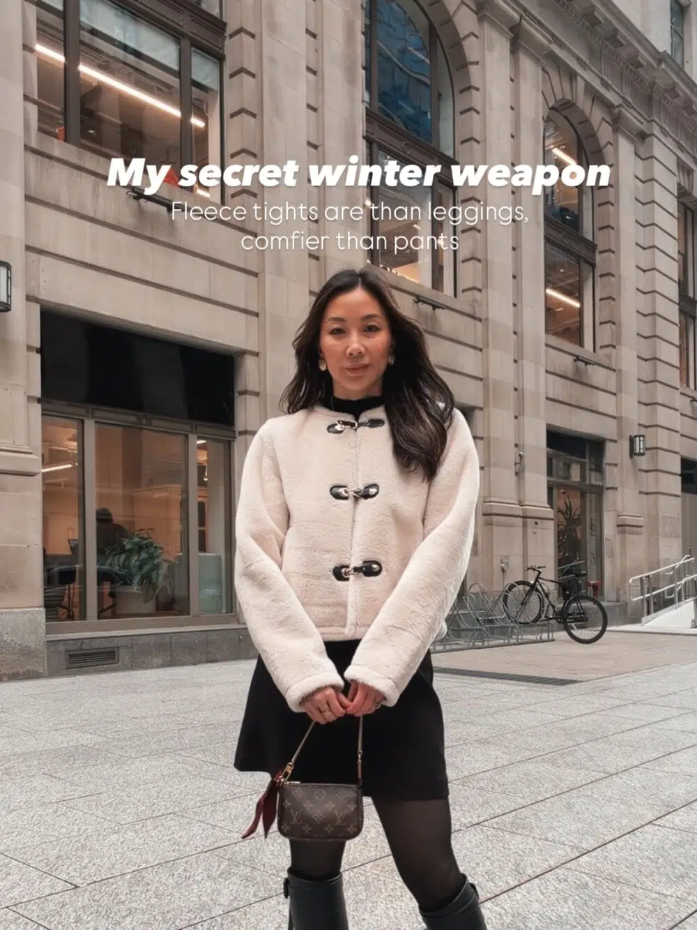 Best Luxury Handbag wearing a winter skirt outfit styled with fleece-lined tights and tall boots, a warm city winter layering trick to stay comfortable while looking chic.