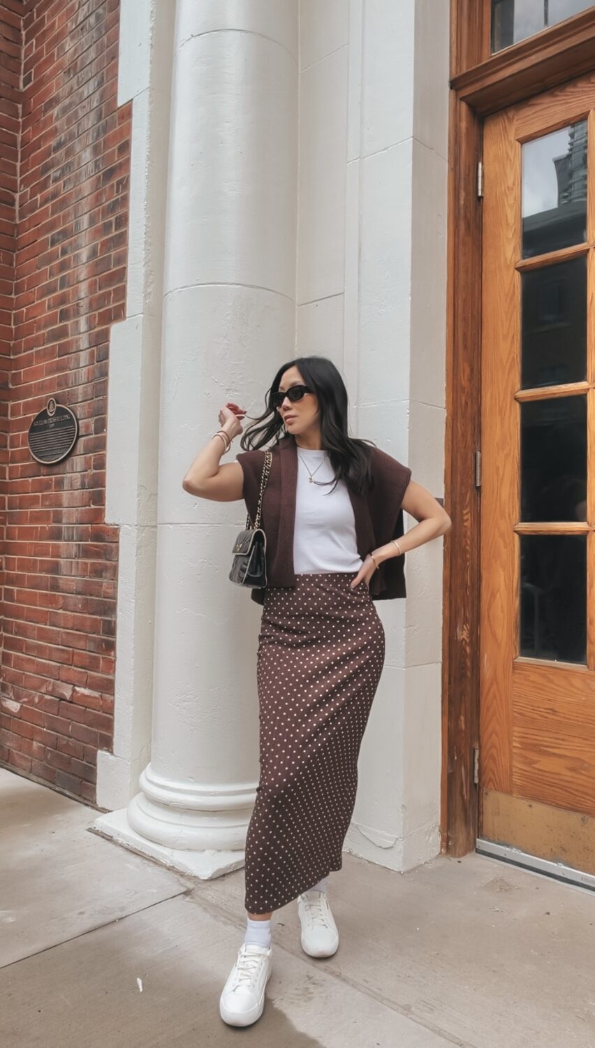 How to style a polka dot skirt for spring — brown tonal outfit inspiration