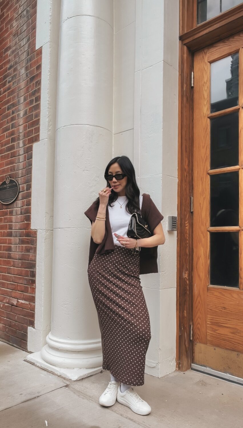 How to style a polka dot skirt for spring — brown tonal outfit inspiration