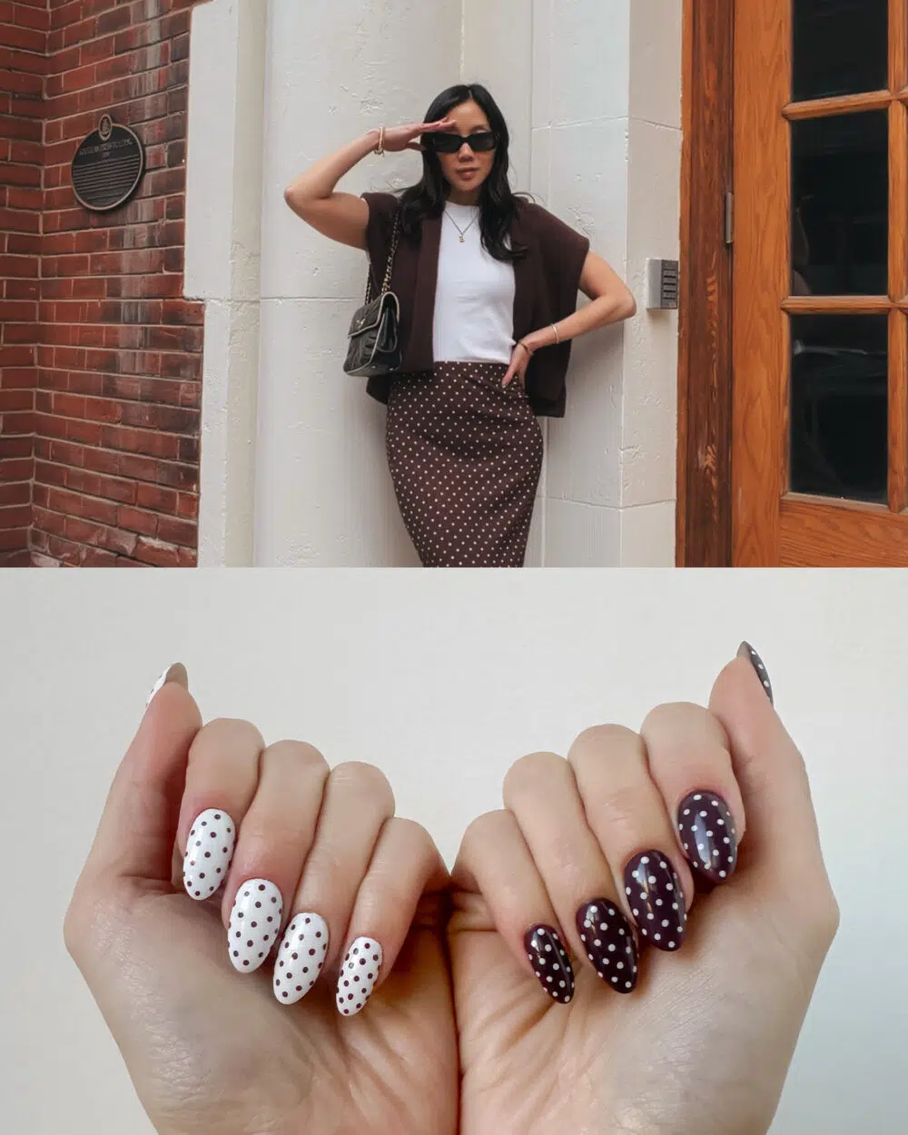 Toronto street style: chocolate brown polka dot skirt outfit with vintage Chanel and comfort sneakers and polkda dot nails